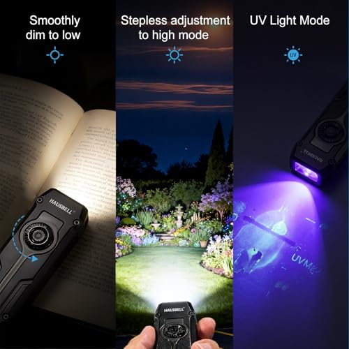 HAUSBELL Flat EDC Flashlight,1800 Lumen UV Magnetic Rechargeable Pocket | Stepless Dimming Dial,Stainless Steel Body,RGB+UV,USB-C Fast Charge,Magnetic Base,Waterproof, for Work,Camping & Emergency - color: Black