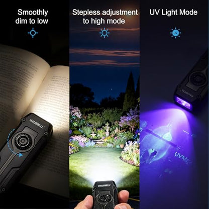 HAUSBELL Flat EDC Flashlight,1800 Lumen UV Magnetic Rechargeable Pocket | Stepless Dimming Dial,Stainless Steel Body,RGB+UV,USB-C Fast Charge,Magnetic Base,Waterproof, for Work,Camping & Emergency - color: Black