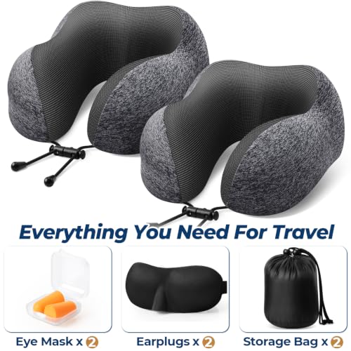 ExploreBliss Travel Pillow, 2 Pack Travel Pillows for Sleeping Airplane, Removable Cover Neck Pillow with Adjustable Clasp, Memory Foam Neck Pillow Set (Dark Grey*2) - color: Dark Grey*2