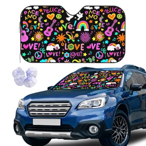 Peace Love and Music Windshield Sun Shade Car Front Window Shades for Car Accessories Sun Heat UV Rays Visor for Universal Cars SUV Truck 51 x 27.5 Inch - color: Peace Love and Music