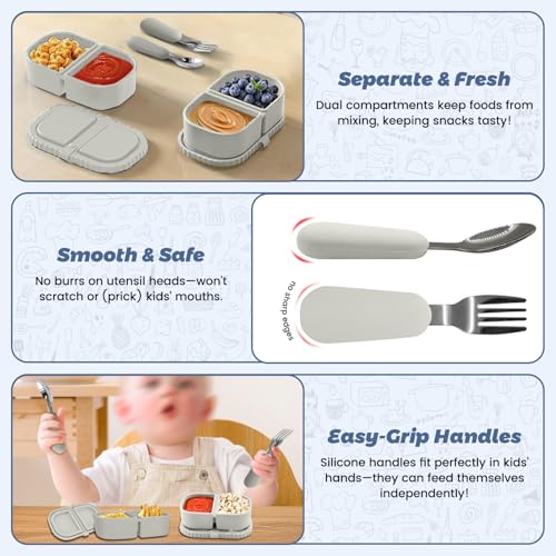 Silicone Snack Containers for Kids (8.5Oz, 2-Compartment)+ Kids Silicone Cutlery Set (Spoon and Fork) - BPA Free, Leak Proof, Great for Toddler/Kid/Adult Meal Prep Containers (White) - color: White