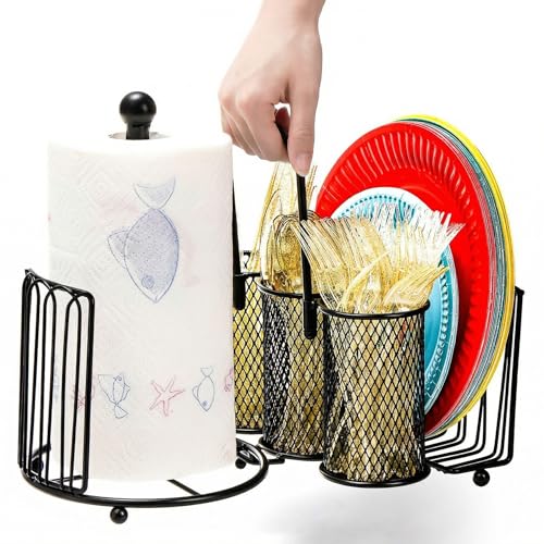 Elsjoy Picnic Utensil Holder Caddy with Handle & Paper Towel Holder, Metal Silverware Organizer Portable Flatware Holder for Cutlery, Fork, Spoon, Plate, Napkin