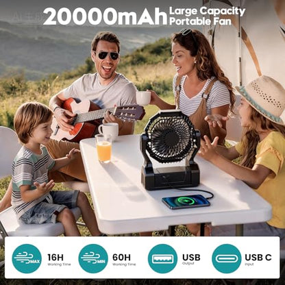 Camping Fan with 64H Runtime, Rechargeable Battery Powered Portable Fan with LED Light, Quiet Travel Tent Fan for Camping, Hurricane, Fishing, Indoor Outdoor, Gifts for Men Black