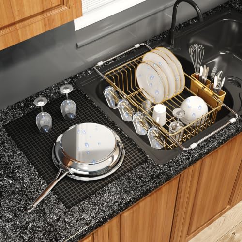 MAJALiS Gold Dish Drying Rack Over The Sink with Utensil Holder, Mat | Expandable Stainless Steel Dish Drainer for Small Kitchen, Apartment, RV, Counter Space Saving, Perfect Fit, Rustproof - color: Gold, size: For 11.5"-16" W Sink with Cup Holder & Mat