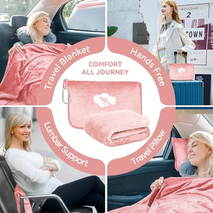 Travel Blanket and Pillow Compact, Premium Soft 2 in 1 Airplane Blanket with Soft Bag Pillowcase，Hand Luggage Sleeve and Backpack Clip (Solid Pink) - color: Solid Pink
