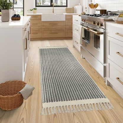 Lahome Belle Boho Hallway Runner Rug, 2x6 Laundry Room Lightweight Entry Bathroom Woven Cotton Throw Mat with Tassels, Farmhouse Non Shedding Washable Grey Rug Low Pile Runner for Kitchen - color: Grey, size: 2' x 6' (Runner)