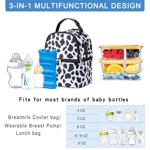 Breastmilk Cooler Bag with Ice Pack Fits 6 Baby Bottles up to 9 Ounce, Breast Milk Pump Cooler Bag with Shoulder Strap for Nursing Mom Daycare, Work, Travel - color: Cow