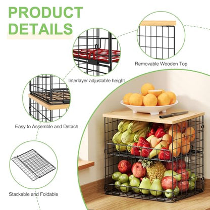 4 Pack Stackable Wire Baskets for Pantry Organizers and Storage, Pantry Baskets with Fixed Wooden Top, Fruit and Vegetable Storage Bins for Organizing Onion Potato Snack for Kitchen Cabinet/Countertop