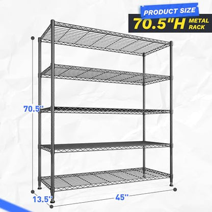 45 "W Storage Shelves 5 Tier Wire Shelving Unit Adjustable Metal Shelving Wire Shelf Pantry Shelves Wire Commercial Rack for Closet Kitchen Pantry Utility Room Garage 45" Wx 13.5" Dx70.5 H Black - size: 45" W x 70.5" Hx 13.5" D