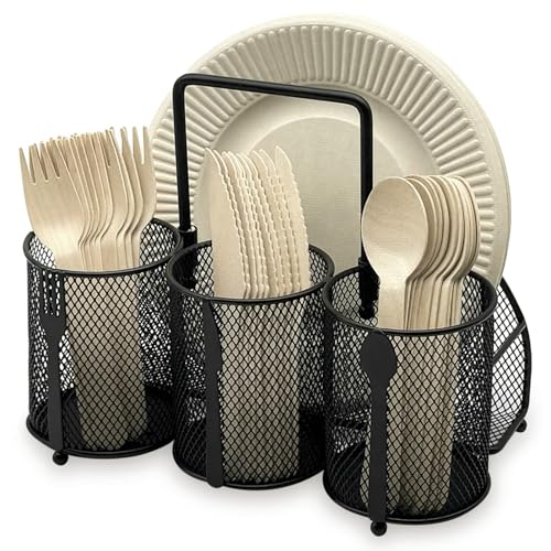 DysanVica Utensil Caddy Silverware Holder - 4 Compartment Metal Mesh Cutlery Fork Spoon Napkin Plate Organizer Flatware Storage Basket Party Kitchen Countertop Buffet Picnic Camping Outdoor BBQ Black - color: Black