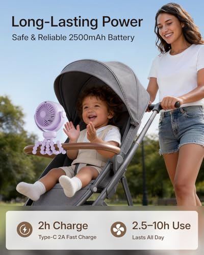 SWEETFULL Portable Stroller Fan, Pinch-Proof Baby Fan, 5-Speed Quiet Mini Clip on Fan, USB-C Rechargeable Battery, LED Display for Car Seat, Crib & Travel - Purple - color: Purple
