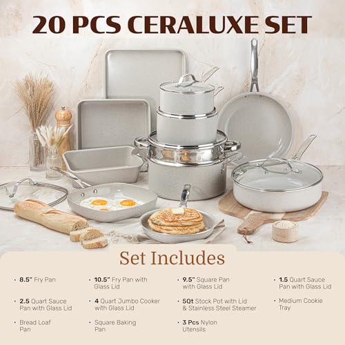 Granitestone Ceraluxe 20 Pc Ceramic Cookware Set Nonstick, Complete Pots and Pans Set Non Stick for Kitchen with Bakeware, Utensils & Steamer, Non Toxic Made Without PFOA PFOS, Oven & Dishwasher Safe - color: Cream