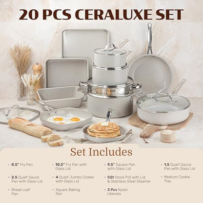 Granitestone Ceraluxe 20 Pc Ceramic Cookware Set Nonstick, Complete Pots and Pans Set Non Stick for Kitchen with Bakeware, Utensils & Steamer, Non Toxic Made Without PFOA PFOS, Oven & Dishwasher Safe - color: Cream