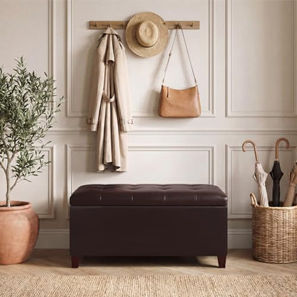 Asense Storage Ottoman Bench, 33" Faux Leather Upholstered End of Bed Bench with Safety Hinge,Wooden Legs,for Entryway Bedroom Living Room,Chocolate Brown - color: 33" Chocolate Brown Faux Leather