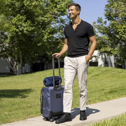 BlueHills Travel Blanket Pillow Rolled Premium Soft Plush Airplane Throw Traveling Essential Gift Compact in a Bag 70 X 48 inches Long Plane Flight Portable Lightweight Navy Blue R04 - color: R04-navy Blue