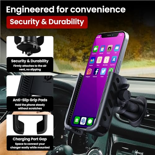 Car Phone Holder for Air Vent – Easy One-Hand Drop & Lock Car Phone Mount, Secure & Stable 360° Adjustable Vent Holder, Universal Cell Phone Mount for iPhone Samsung Android, Military Grade