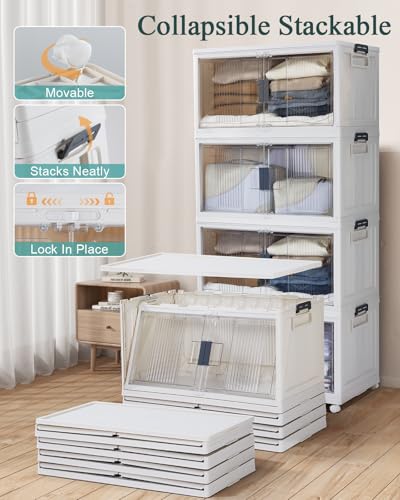 OlarHike 97QT Stackable Storage Bins with Lids - Folding Storage Box with Doors & Wheels, Collapsible Plastic Drawers for Closets and Organization, Garage, College, School, Shelves, Dorm, 5 Pack Cubes - size: 97QT-White, style: 5Pack