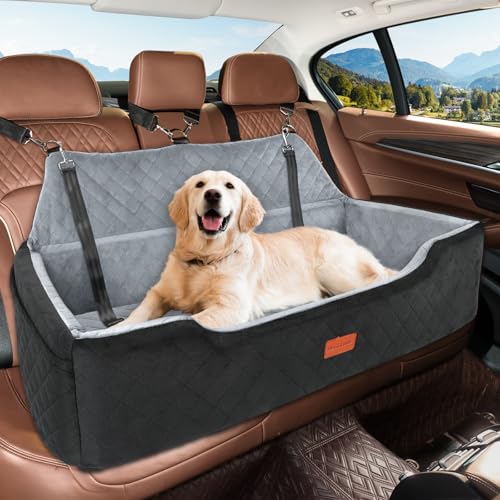 HEGGCOOE Large Dog Car Seat Under 100 lbs, Washable Dog Car Bed for 2 Medium Dogs, Detachable Pet Booster Seat with Storage Pocket and Seat Belt for Back Seat Dog Travel Bed - color: Black/Grey