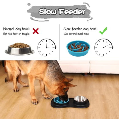 MateeyLife Dog Food and Water Bowl Set 3 in 1, Slow Feeder Dog Bowls & Stainless Steel Water Bowl with Non-Spill Silicone Mat, Cat and Puppy Bowls Pet Dishes for Small Medium Large Breed Anti-Choking - color: Black, size: Large