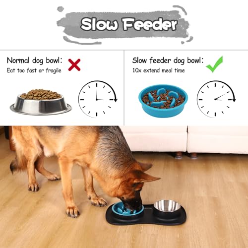 MateeyLife Dog Food and Water Bowl Set 3 in 1, Slow Feeder Dog Bowls & Stainless Steel Water Bowl with Non-Spill Silicone Mat, Cat and Puppy Bowls Pet Dishes for Small Medium Large Breed Anti-Choking - color: Black, size: Medium