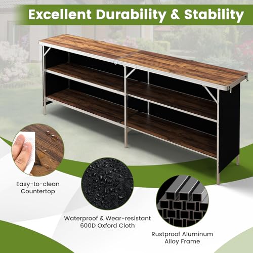 COSTWAY 81" Folding Picnic Table, Portable Bar Table with Carry Bag, Lightweight Aluminum Food Prep Station with 2 Shelves, Quick Set-up, BBQ, Party, Backyard, Brown - color: Brown, size: 81"W x 32.5"H