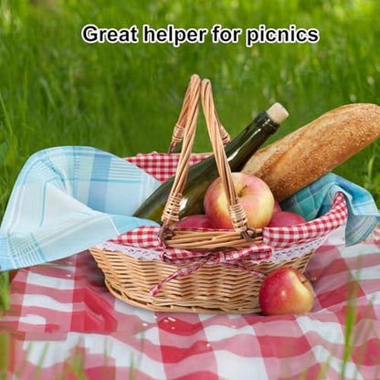 GNIEMCKIN 2 Pack 12.6 Inch Wicker Basket with Handle, Wicker Picnic Baskets with Checkered Liner, Oval Willow Woven Basket for Fruit, Wine, Wedding, Picnic - size: 2 Pack 12.6 Inch