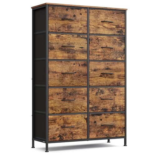 SONGMICS BELLAH Collection - Dresser for Bedroom, Chest of Drawers, Storage Organizer Unit, Closet, Entryway, Steel, 10 Drawers, Industrial, Rustic Brown and Ink Black ULGS125B02S - color: Rustic Brown + Ink Black, size: 11.8"D x 30.2"W x 45.9"H (10 Drawe