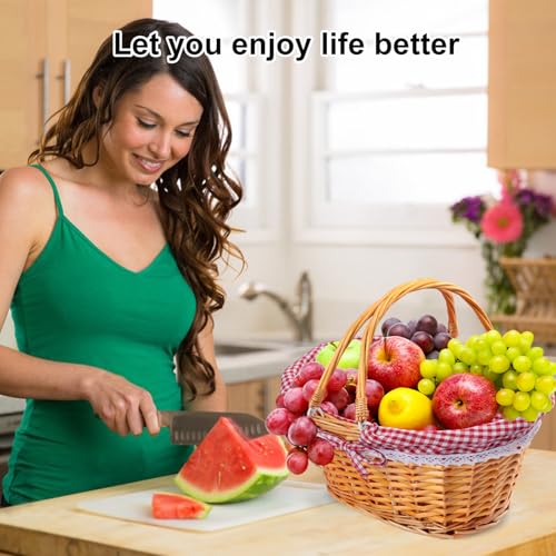 GNIEMCKIN 14 Inch Wicker Basket with Handle, Wicker Picnic Baskets with Red Liner, Oval Willow Woven Basket for Fruit, Wine, Wedding, Picnic - size: 14 Inch