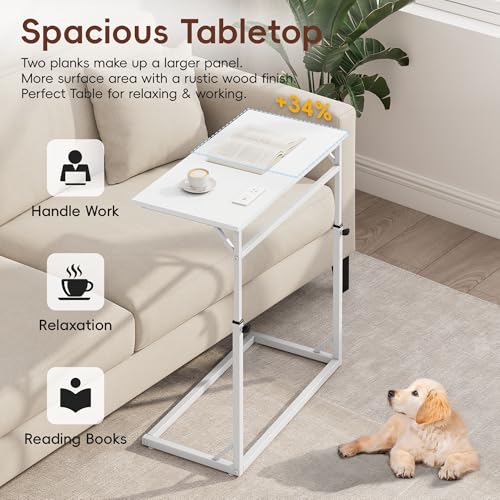 Vagusicc C Shaped End Table with Charging Station, C-Table End Table Adjustable Height Side Table for Couch, Large Couch Table, Slide Under Sofa Table TV Tray Arm Table for Living Room, Bedroom, White - color: White, style: With Plug