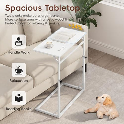 Vagusicc C Shaped End Table with Charging Station, C-Table End Table Adjustable Height Side Table for Couch, Large Couch Table, Slide Under Sofa Table TV Tray Arm Table for Living Room, Bedroom, White - color: White, style: With Plug
