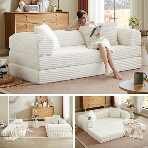 Boneless Couch Futon Sofa Bed Sectional Couches for Living Room,Cloud Couch with Sleeper Sofa,Sofas for Living Room Oversized Corduroy Upholstered (White, 76 Inches (No Iron Frame)) - color: White, size: 76 Inches
