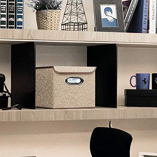 Storage Bin [Set of 4] Linen Fabric Foldable Container with Lid, Collapsible Organizer Boxes Cubes – 10 x 10 x 10 Inches (Beige) - color: Beige