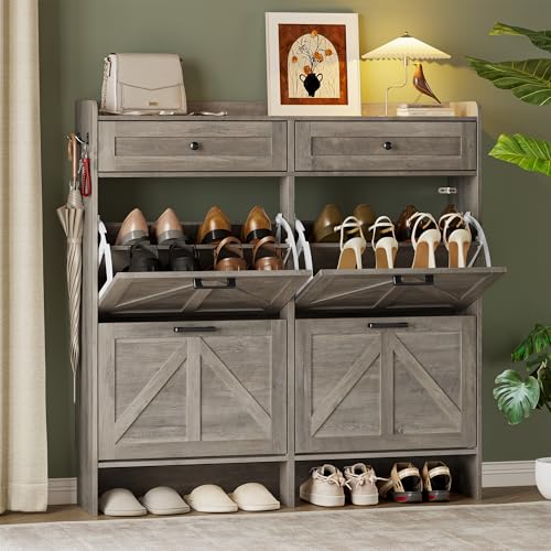 BORNOON Shoe Storage Cabinet for Entryway, Farmhouse Wide Shoe Cabinet with 4 Flip Drawers and 2 Top Drawers, Freestanding Organizer with Adjustable Shelves, Hooks, and Anti-Tip Kit for Hallway - color: Light Gray, size: 4 Flip Drawer
