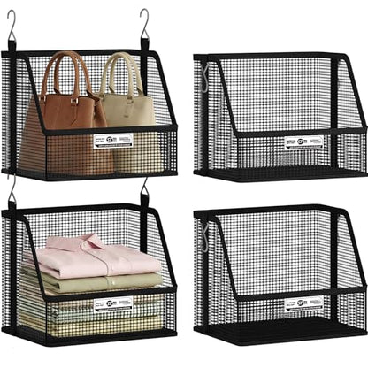 STORAGE MANIAC 2 Tier Hanging Closet Organizer with Mesh Baskets, Clothes Hanging Shelves, Foldable Stackable Storage, Space-Saving Collapsible Basket with Hooks for RV, Dorm, Bedroom, College, Black - size: 2 Tier