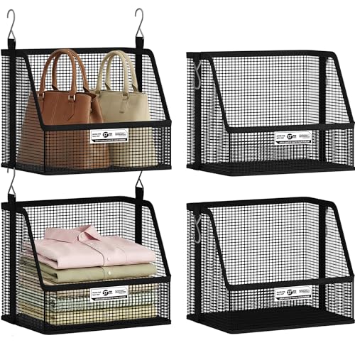STORAGE MANIAC 2 Tier Hanging Closet Organizer with Mesh Baskets, Clothes Hanging Shelves, Foldable Stackable Storage, Space-Saving Collapsible Basket with Hooks for RV, Dorm, Bedroom, College, Black - size: 2 Tier