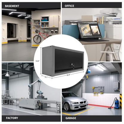JZD Small Metal Wall Mounted Storage Garage Cabinet with Flip Up Door, Black & Grey - size: M-01