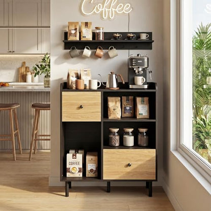 Manora Narrow Small Coffee Bar Cabinet with Drawers, Wooden Mini Sideboard Buffet Cabinet with Storage, Compact Kitchen Island & Corner Island for Kitchen, Dining Room, Coffee Station, Black