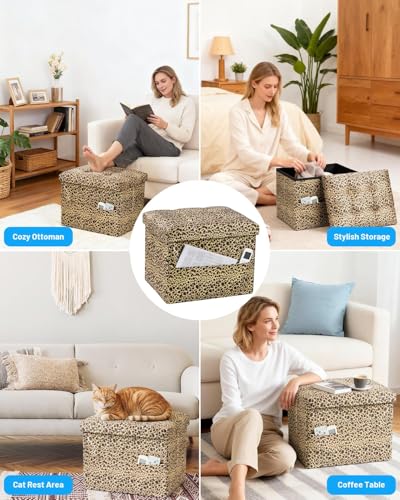 Bsketa Storage Ottoman Foot Rest Stool, Small Velvet Storage Ottomans Bench, Folding Footstool with Side Pockets, Foot Rest Under Desk for Living Room Bedroom, 17x13x13 in, Leopard Print - color: Leopard Print-with Side Pockets