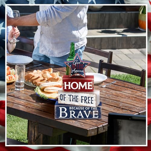 Huquary 4 Pcs 4th of July Decorations Patriotic Memorial Day Table Sign Independence Day Table Wood Decorations Red White Blue Block for Office Tiered Tray Home Shelf 250th Anniversary(Retro Star)