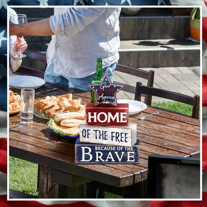 Huquary 4 Pcs 4th of July Decorations Patriotic Memorial Day Table Sign Independence Day Table Wood Decorations Red White Blue Block for Office Tiered Tray Home Shelf 250th Anniversary(Retro Star)