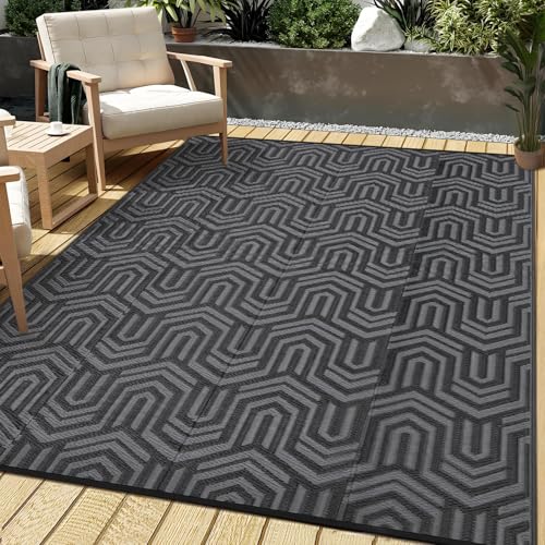 Waterproof Plastic Straw Outdoor Rug 9x18 Patio Reversible UV Resistant Foldable Camping Carpet Abstarct Line Large Outdoor Rugs for Deck, Picnic, Porch, Camper, Balcony, Beach，Black/Grey - color: Abstarct - Black/Grey, size: 9' x 18' (Rectangular)