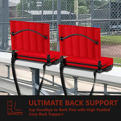 Stadium Seat for Bleachers with Back Support, Portable Bleacher Seat with Wide Comfy Padded Cushion, Metal Hook, Folding Stadium Chair with Shoulder Strap, Carry Handle, Cup Holder, Red - color: Red