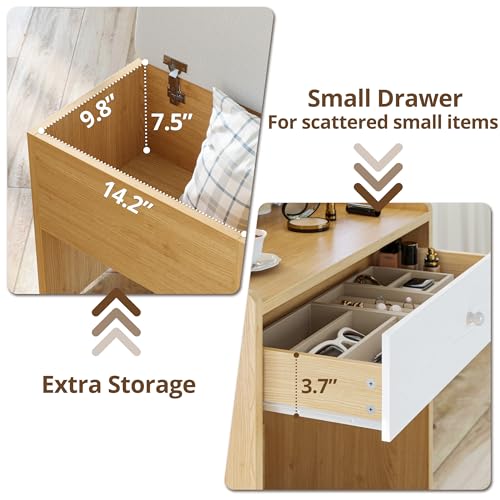 LIKIMIO Small Makeup Vanity Desk with Mirror and Lights, Vanity Table Set with Storage Drawer, Chair and Three Shelves, Bedroom, Wood - color: Wood