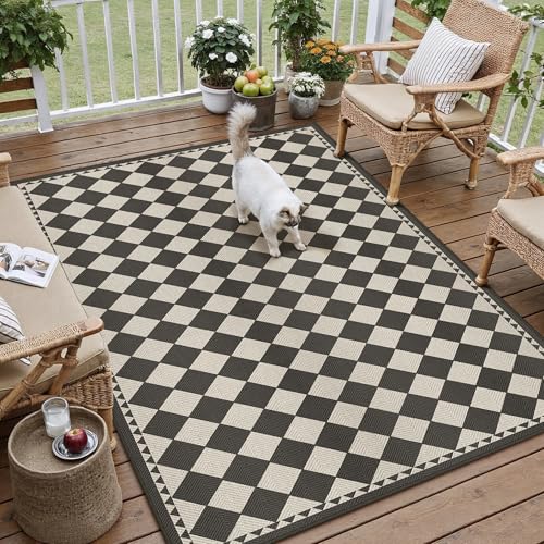 HUGEAR 5x8 Outdoor Rug Black/Beige Linen-Look Fabric Checkered Area Rug High Traffic Stain Resistant Easy Clean Durable Rugs for Indoor/Outdoor Patio Deck Balcony Porch Garden Courtyard - color: Jute-check|black/Beige, size: 5' x 8' (Rectangular)