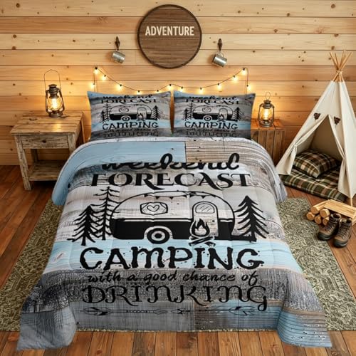 Erosebridal Rv Camper Decor Comforter Set, Happy Camping Bedding Set for Kids Teens Adult, Rustic Farmhouse Quilt Cabin Decor King Size, Vintage Wooden Planks Bedding Comforters with 2 Pillow Cases - color: Multi 17, size: King