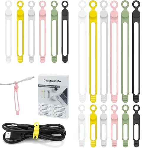 Silicone Cable Ties Reusable, Elastic Wire Organizer Ties, for Charging Cables, Electrical Cords, Computer Wires, USB Data Cable Management, Cord Organizer (6 Colors, 3 Sizes) - color: 18pcs-[black/White/Gray/Pink/Green/Yellow], size: 4.2in+7.2in+3in