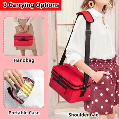 Tesuko Medicine Bag for Traveling with Portable Small Pouch, Double Layer Pill Bottle Organizer Storage Case with Lockable Zippers, Carrying Medication Travel Case with Shoulder Strap (Bag ONLY), Red