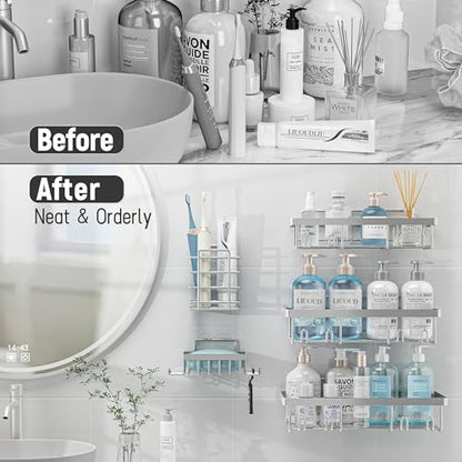 Liuoud 5 Pack Shower Caddy Organizer Rack Shelf for Inside Shower, Self Adhesive Bathroom Wall Storage Basket Rustproof Stainless Steel Large Capacity Shampoo Holder, Silver - color: Silver
