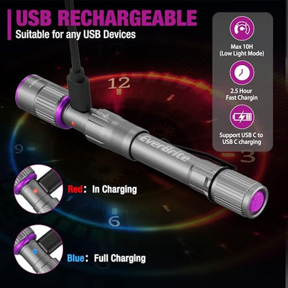 EverBrite Rechargeable Pen Flashlight with UV Light and White Light, 395nm Black Flashlight with Clip, Zoomable 4 Modes with Memory, USB C Cable, for Camping, Emergency, Pet Urine Detection,Grey - color: Gray