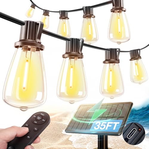 addlon 35FT Solar String Lights Outdoor, IP54 Waterproof Solar Powered with Remote & USB Port, 10+1 LED Shatterproof Bulbs, Dimmable Solar Light Outdoor for Camping Backyard Bistro Porch - size: 35FT